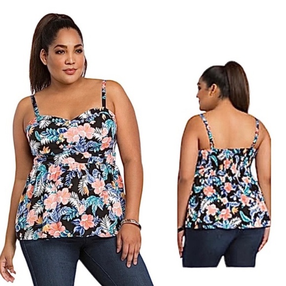 Torrid Black Tropical Babydoll Floral Sweetheart Neckline Adjustable Tank 4X - Picture 1 of 5
